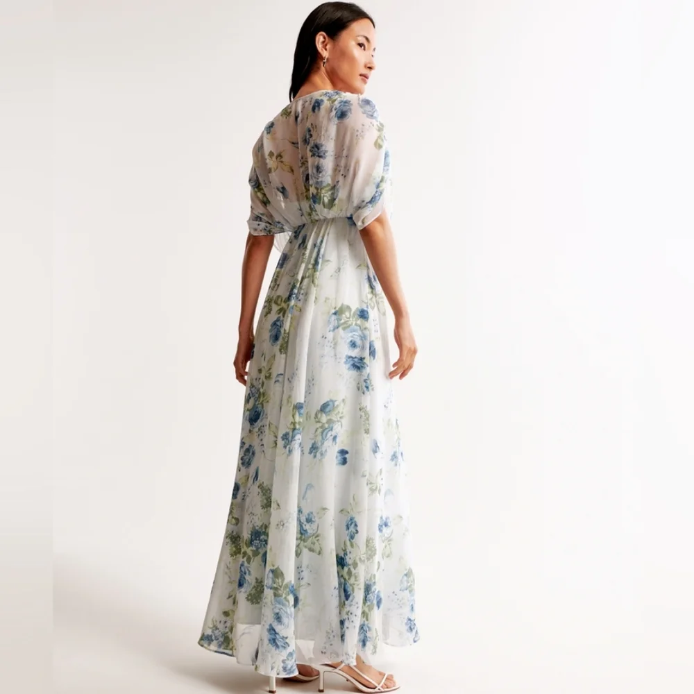 NWT Abercrombie Dolman Sleeve Flowy Maxi Dress in Blue Floral, XL
